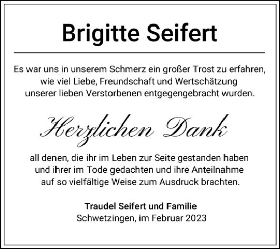 Traueranzeige von Brigitte Seifert von Schwetzinger Zeitung