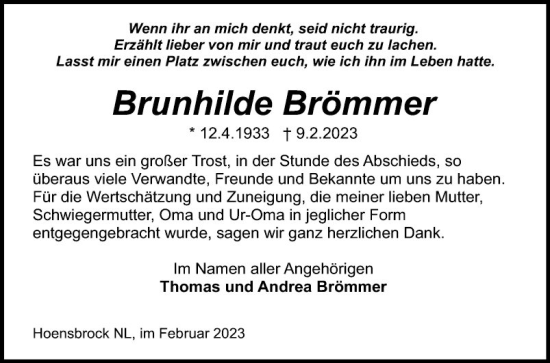 Traueranzeige von Brunhilde Brömmer von Schwetzinger Zeitung