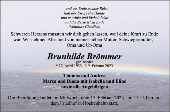 Traueranzeige von Brunhilde Brömmer von Schwetzinger Zeitung