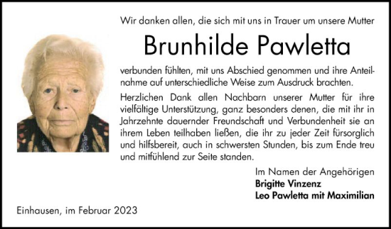 Traueranzeige von Brunhilde Pawletta von Bergsträßer Anzeiger