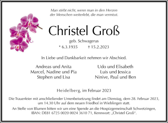 Traueranzeige von Christel Groß von Schwetzinger Zeitung