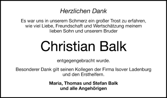 Traueranzeige von Christian Balk von Mannheimer Morgen