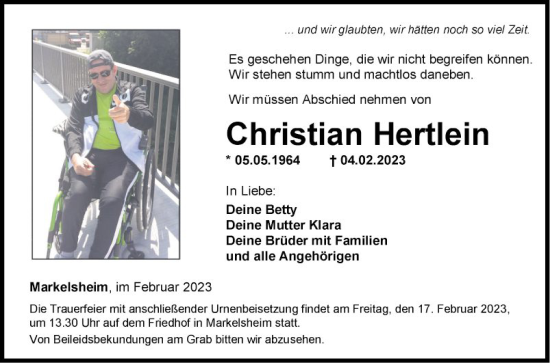 Traueranzeige von Christian Hertlein von Fränkische Nachrichten