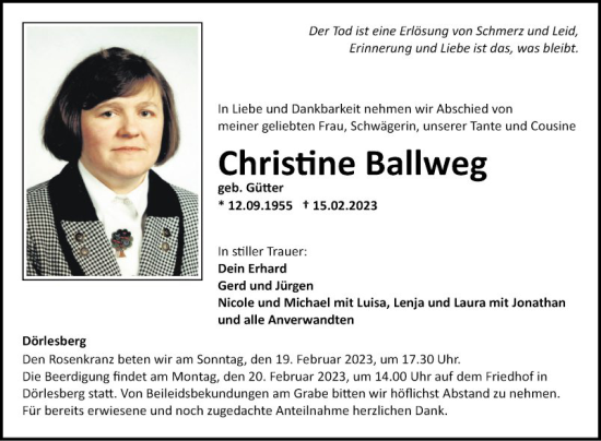 Traueranzeige von Christine Ballweg von Fränkische Nachrichten