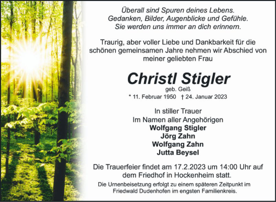 Traueranzeige von Christl Stigler von Schwetzinger Zeitung