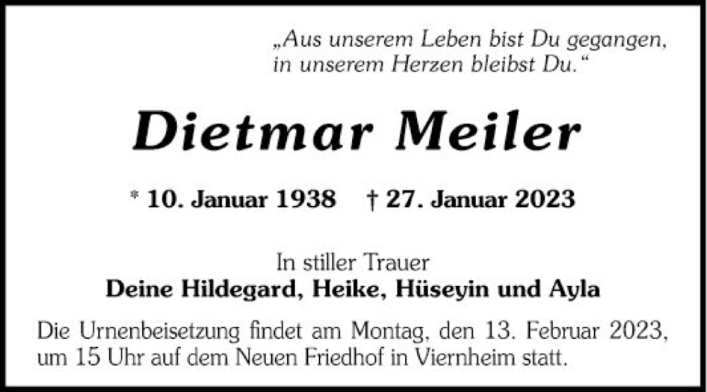  Traueranzeige für Dietmar Meiler vom 04.02.2023 aus Mannheimer Morgen