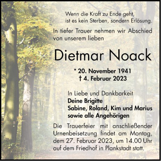 Traueranzeige von Dietmar Noack von Bergsträßer Anzeiger