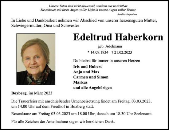 Traueranzeige von Edeltrud Haberkorn von Fränkische Nachrichten