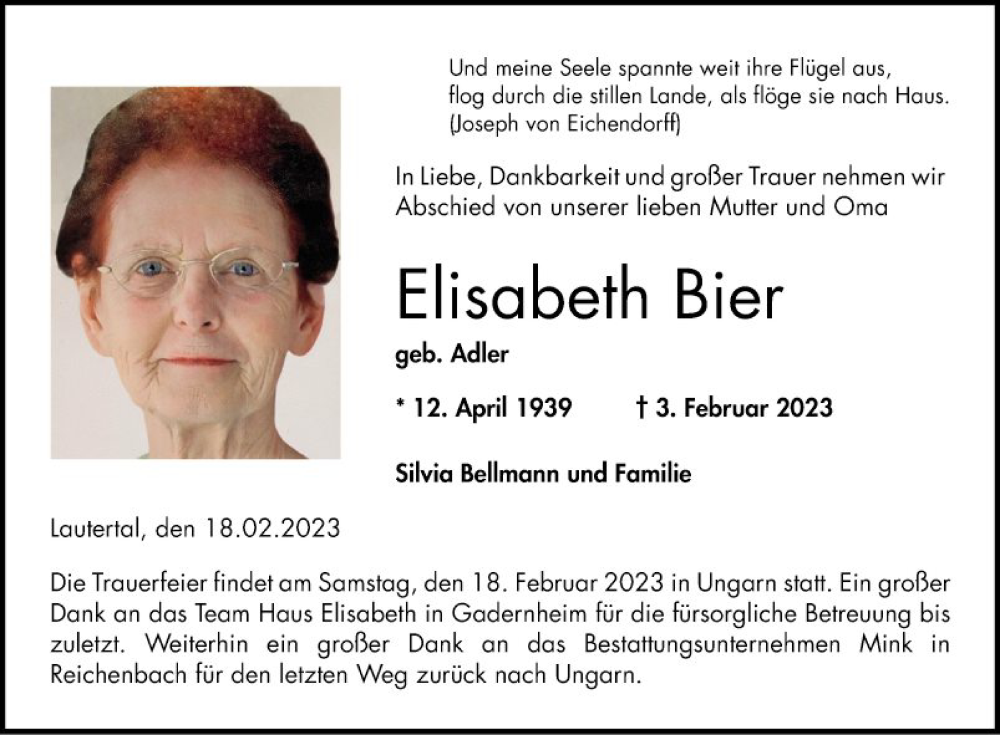  Traueranzeige für Elisabeth Bier vom 18.02.2023 aus Bergsträßer Anzeiger