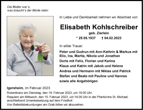 Traueranzeige von Elisabeth Kohlschreiber von Fränkische Nachrichten