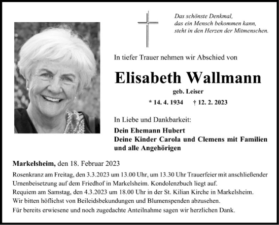 Traueranzeige von Elisabeth Wallmann von Fränkische Nachrichten