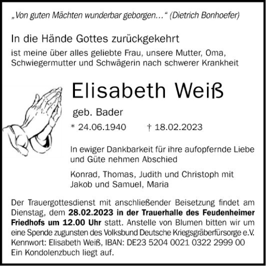 Traueranzeige von Elisabeth Weiß von Mannheimer Morgen