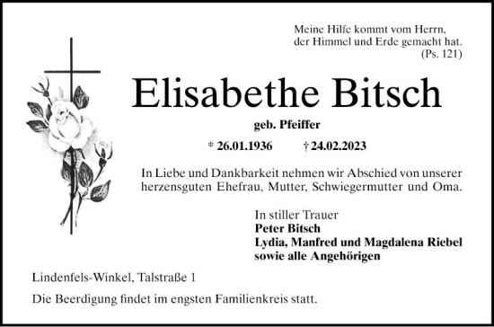 Traueranzeige von Elisabethe Bitsch von Bergsträßer Anzeiger