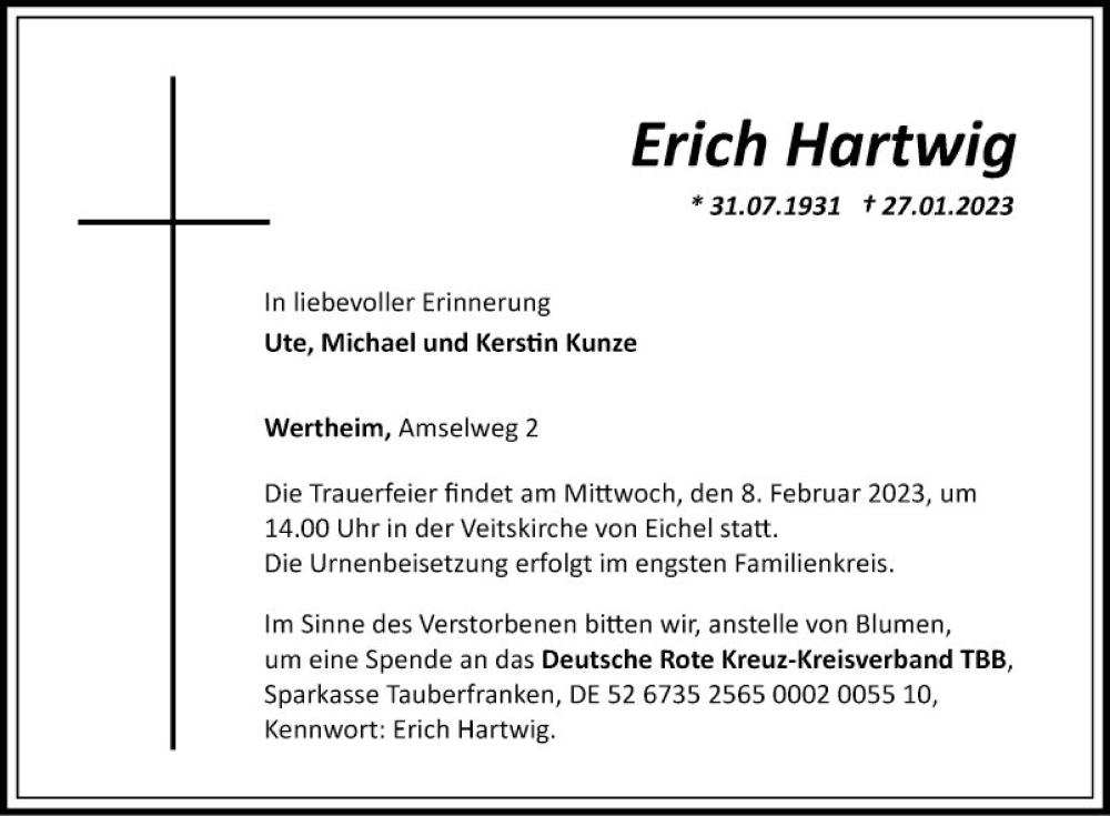  Traueranzeige für Erich Hartwig vom 04.02.2023 aus Fränkische Nachrichten