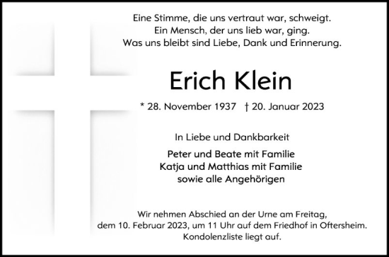 Traueranzeige von Erich Klein von Schwetzinger Zeitung