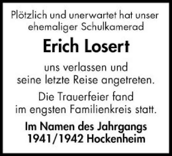 Traueranzeige von Erich Losert von Schwetzinger Zeitung