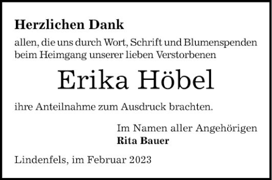 Traueranzeige von Erika Höbel von Bergsträßer Anzeiger