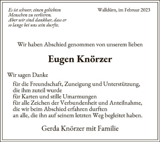 Traueranzeige von Eugen Knörzer von Fränkische Nachrichten