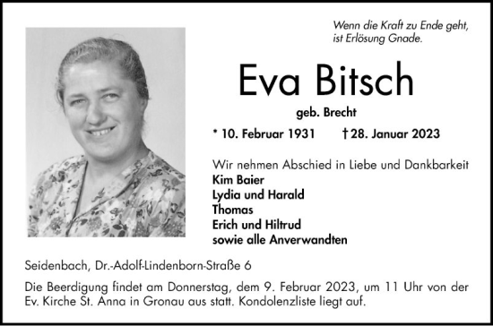 Traueranzeige von Eva Bitsch von Bergsträßer Anzeiger