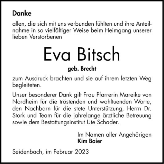 Traueranzeige von Eva Bitsch von Bergsträßer Anzeiger