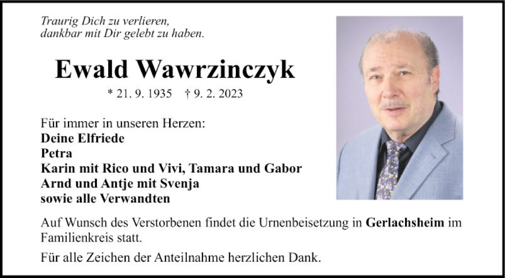  Traueranzeige für Ewald Wawrzinczyk vom 25.02.2023 aus Fränkische Nachrichten