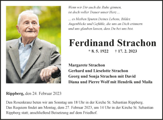 Traueranzeige von Ferdinand Strachon von Fränkische Nachrichten