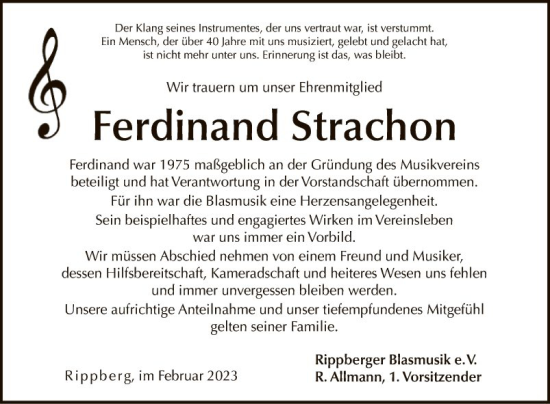 Traueranzeige von Ferdinand Strachon von Fränkische Nachrichten