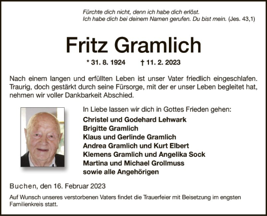 Traueranzeige von Fritz Gramlich von Fränkische Nachrichten