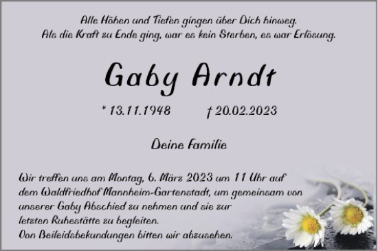 Traueranzeige von Gaby Arndt von Mannheimer Morgen