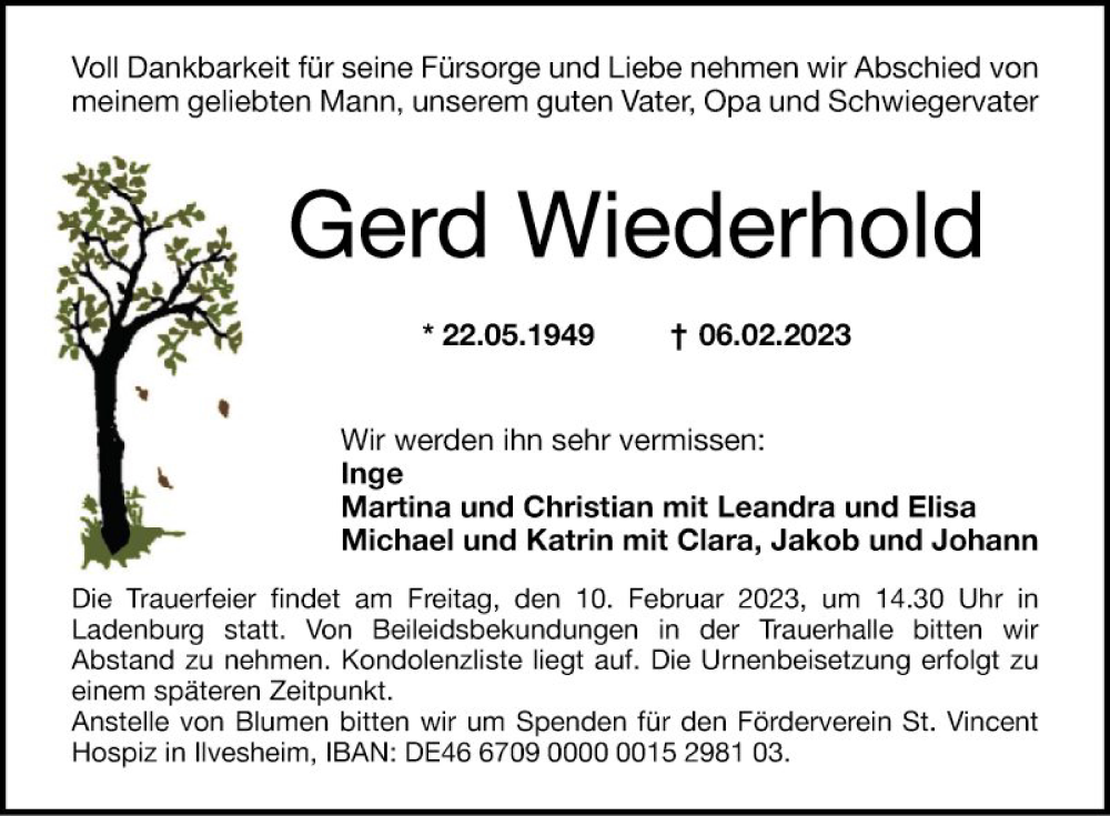  Traueranzeige für Gerd Wiederhold vom 08.02.2023 aus Mannheimer Morgen