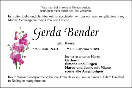 Traueranzeige von Gerda Bender von Schwetzinger Zeitung