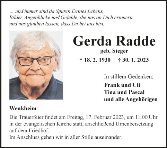 Traueranzeige von Gerda Radde von Fränkische Nachrichten