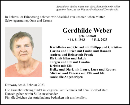 Traueranzeige von Gerdhilde Weber von Fränkische Nachrichten