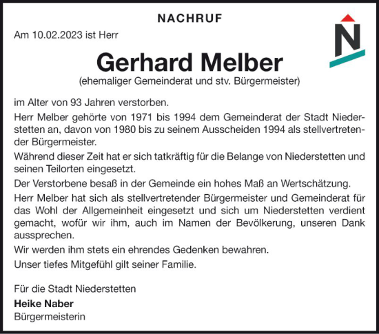 Traueranzeige von Gerhard Melber von Fränkische Nachrichten