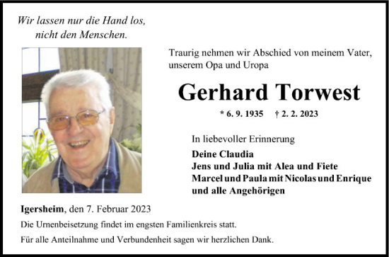 Traueranzeige von Gerhard Torwest von Fränkische Nachrichten