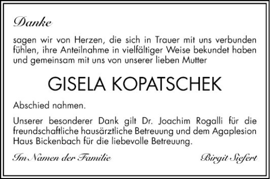 Traueranzeige von Gisela Kopatschek von Bergsträßer Anzeiger