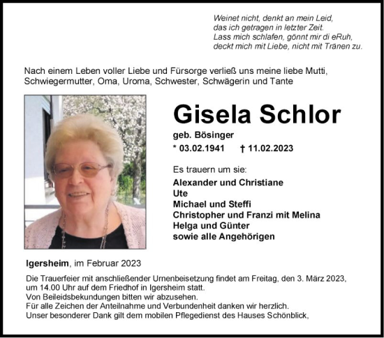 Traueranzeige von Gisela Schlor von Fränkische Nachrichten