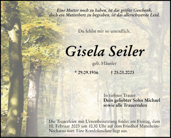 Traueranzeige von Gisela Seiler von Mannheimer Morgen