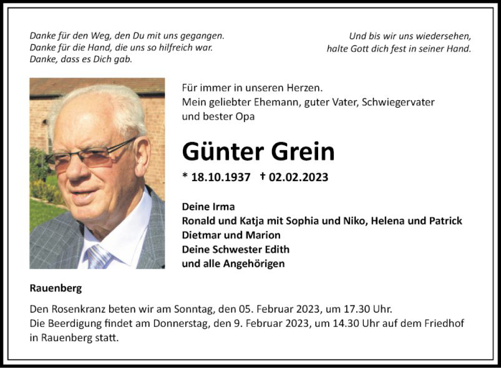  Traueranzeige für Günter Grein vom 04.02.2023 aus Fränkische Nachrichten