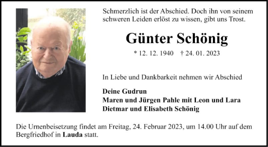 Traueranzeige von Günter Schönig von Fränkische Nachrichten