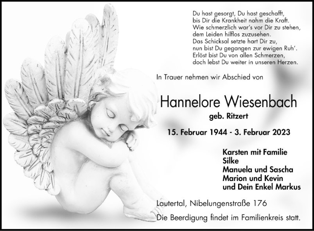  Traueranzeige für Hannelore Wiesenbach vom 07.02.2023 aus Bergsträßer Anzeiger