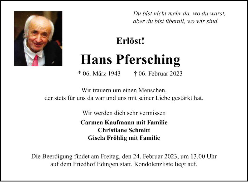  Traueranzeige für Hans Pfersching vom 18.02.2023 aus Mannheimer Morgen