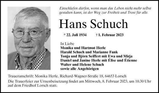 Traueranzeige von Hans Schuch von Bergsträßer Anzeiger