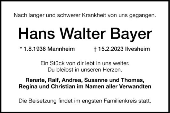 Traueranzeige von Hans Walter Bayer von Mannheimer Morgen