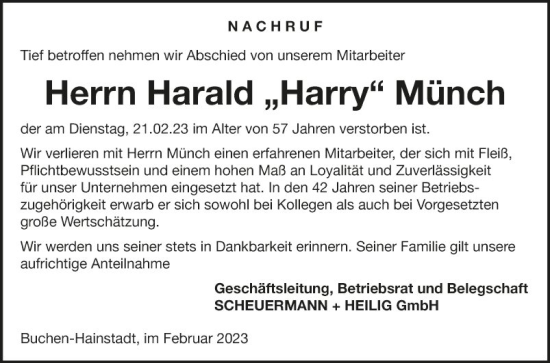 Traueranzeige von Harald Münch von Fränkische Nachrichten