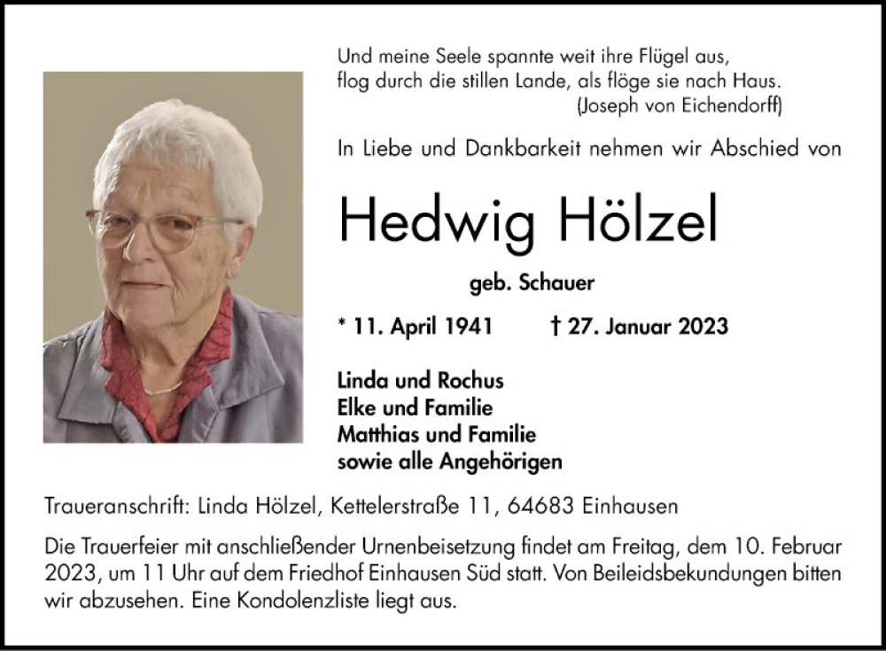  Traueranzeige für Hedwig Hölzel vom 04.02.2023 aus Bergsträßer Anzeiger