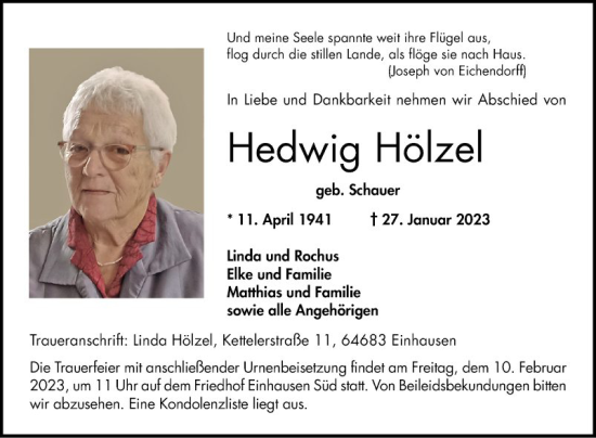 Traueranzeige von Hedwig Hölzel von Bergsträßer Anzeiger