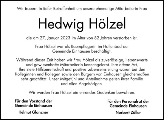 Traueranzeige von Hedwig Hölzel von Bergsträßer Anzeiger