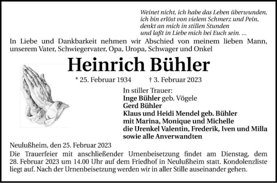 Traueranzeige von Heinrich Bühler von Schwetzinger Zeitung