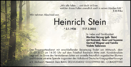 Traueranzeige von Heinrich Stein von Mannheimer Morgen